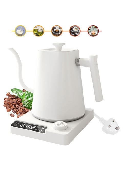 1000 mL Electric Gooseneck Kettle, Pour Over Kettle for Coffee and Tea, 1200W Rapid Heating,Temperature Control with Digital Display , 304 Stainless Steel, Keep Warm Function, White