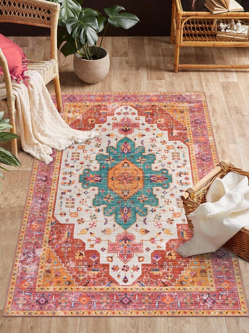 Moynesa UltraThin Washable Vintage Area Rug  3x5 Boho Girls Bedroom NonSlip NonShedding Oriental Medallion Living Room Mat Indoor Carpet for Office Nursery Room PinkTealMulti