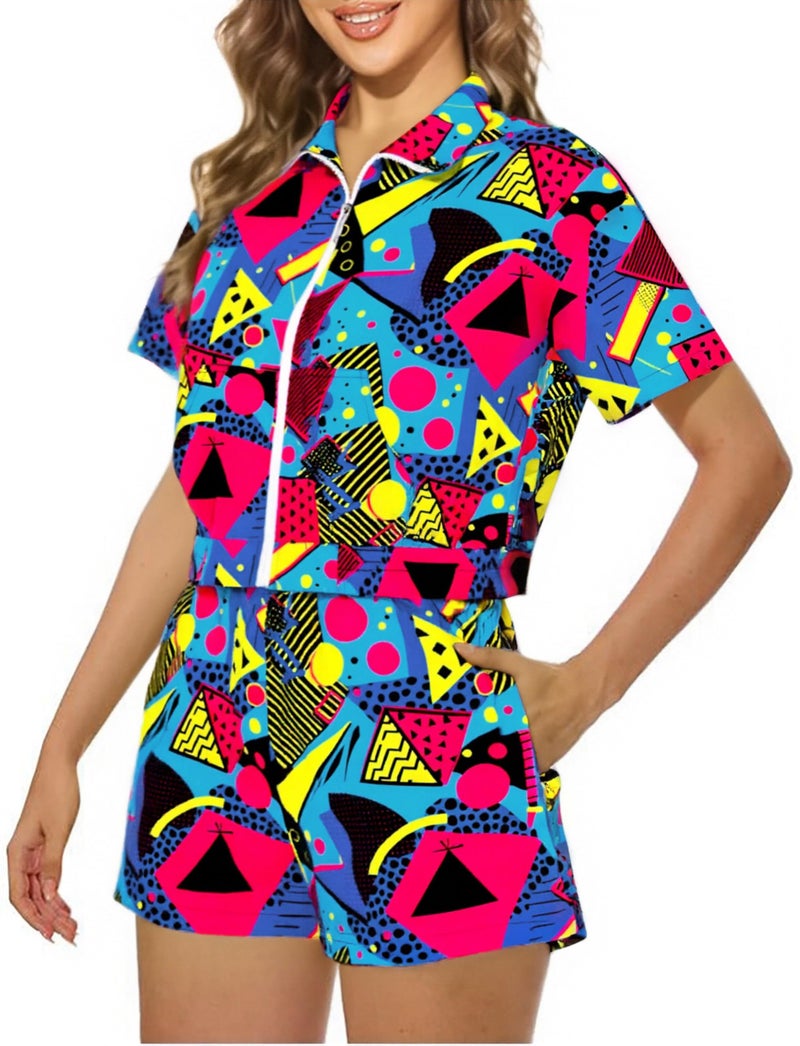BANGELY 80s 90s Outfits women 2 Piece Tracksuit Party Disco Shirt Vintage Neon Tee Hawaiian Button Down Short Sleeve Tops - Image 1