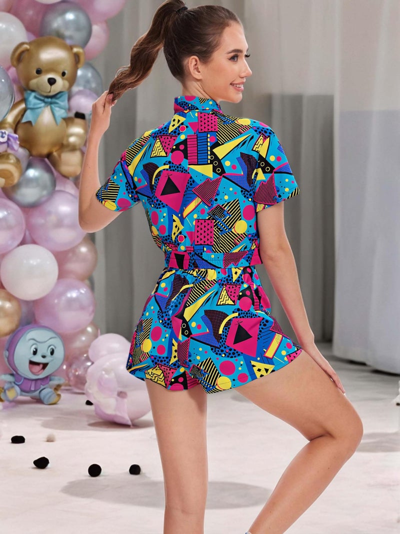 BANGELY 80s 90s Outfits women 2 Piece Tracksuit Party Disco Shirt Vintage Neon Tee Hawaiian Button Down Short Sleeve Tops - Image 4