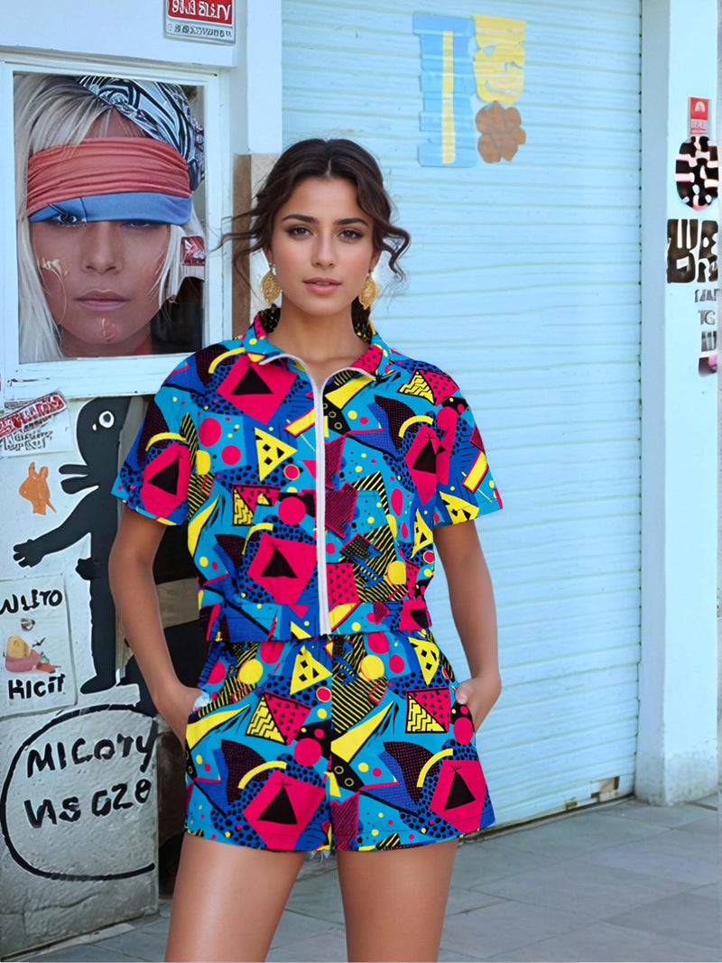 BANGELY 80s 90s Outfits women 2 Piece Tracksuit Party Disco Shirt Vintage Neon Tee Hawaiian Button Down Short Sleeve Tops - Image 2