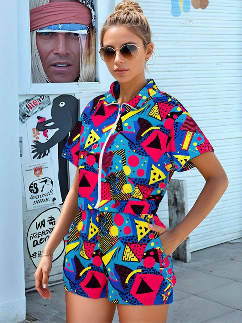 BANGELY 80s 90s Outfits women 2 Piece Tracksuit Party Disco Shirt Vintage Neon Tee Hawaiian Button Down Short Sleeve Tops - Image 5