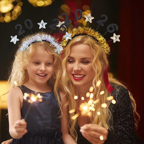 YKW 2026 Happy New Year Headbands Tiara for Women - 4 Pack Glitter & Gold Party Crown - Adjustable Adult Girl Celebration Accessories - Photo Prop NYE Party Supplies (Silver & Gold) - Image 5