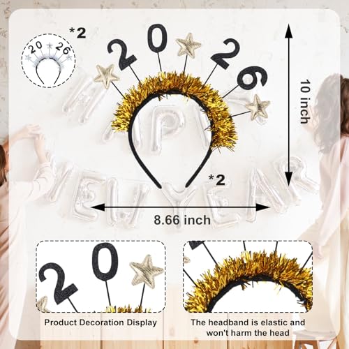 YKW 2026 Happy New Year Headbands Tiara for Women - 4 Pack Glitter & Gold Party Crown - Adjustable Adult Girl Celebration Accessories - Photo Prop NYE Party Supplies (Silver & Gold) - Image 2