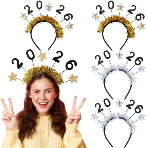 YKW 2026 Happy New Year Headbands Tiara for Women - 4 Pack Glitter & Gold Party Crown - Adjustable Adult Girl Celebration Accessories - Photo Prop NYE Party Supplies (Silver & Gold) - Image 1