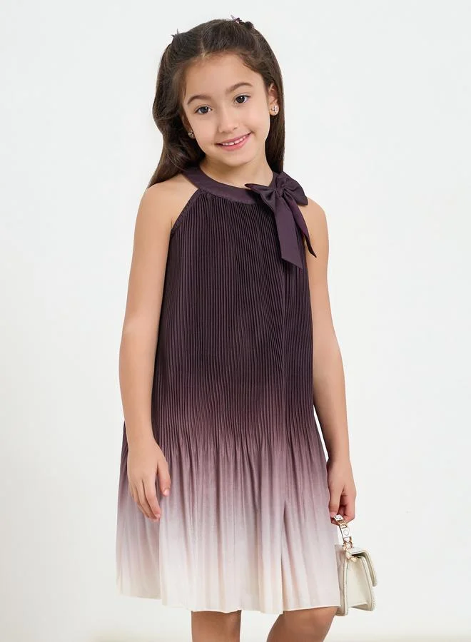 Styli Girls Burgundy Pleated Dress with Bow Detail