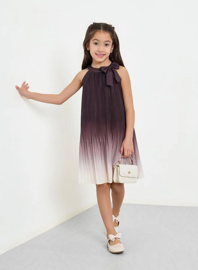 Styli Girls Burgundy Pleated Dress with Bow Detail