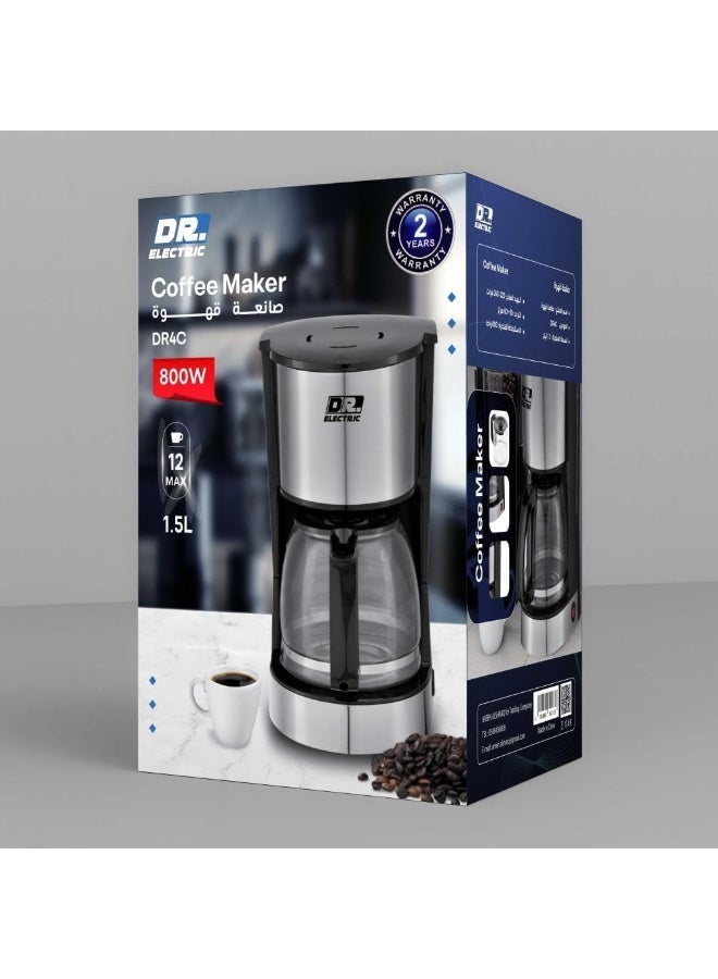 DR.ELECTRIC DR4C American Coffee Maker, 800W, 1.5L, 12 Cups, Stainless Steel, 2 Years Warranty - Image 2