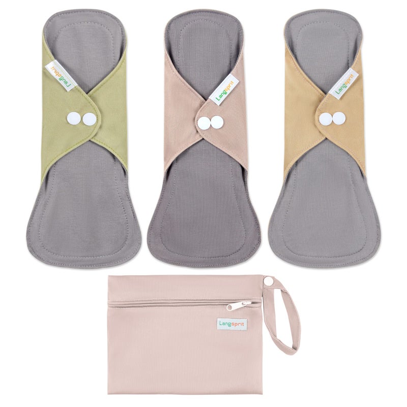 Langsprit Cotton Reusable Period Pads for Women, Washable Pads Menstrual, Regular Absorbency Cotton Cloth Menstrual Pads 3pcs Set with Mini Wet Bag, Suitable for Menstrual Period - Image 1