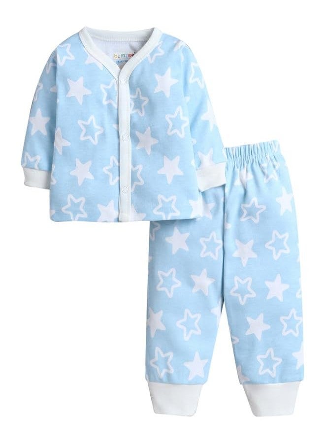 BUMZEE Baby Boys Cotton Round Neck Full Sleeves Graphic Print Jabla & Pyjama Set Sky Blue & White - 9-12 Months (Peb11230E-sbl) - Image 1