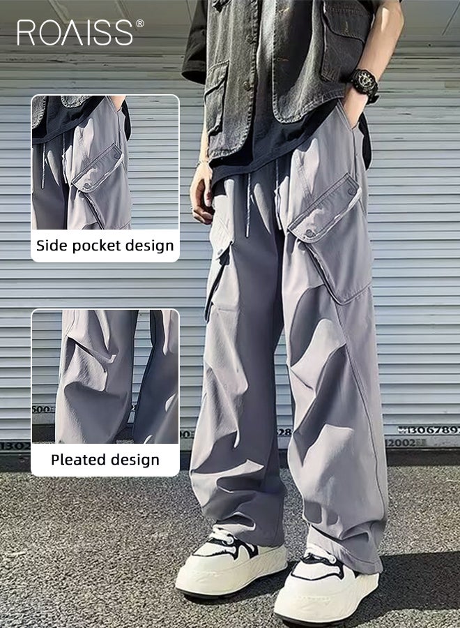 roaiss Fashionable Drawstring Thin Cargo Pants for Men Waist Straight Leg Loose Fit Streetwear Trousers with Flap Pockets with Retro Pleated Elements Mens Versatile Wide Leg Sports Pants - Image 5