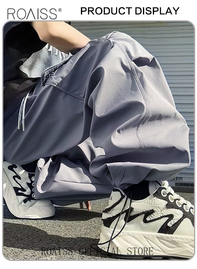 roaiss Fashionable Drawstring Thin Cargo Pants for Men Waist Straight Leg Loose Fit Streetwear Trousers with Flap Pockets with Retro Pleated Elements Mens Versatile Wide Leg Sports Pants - Image 4