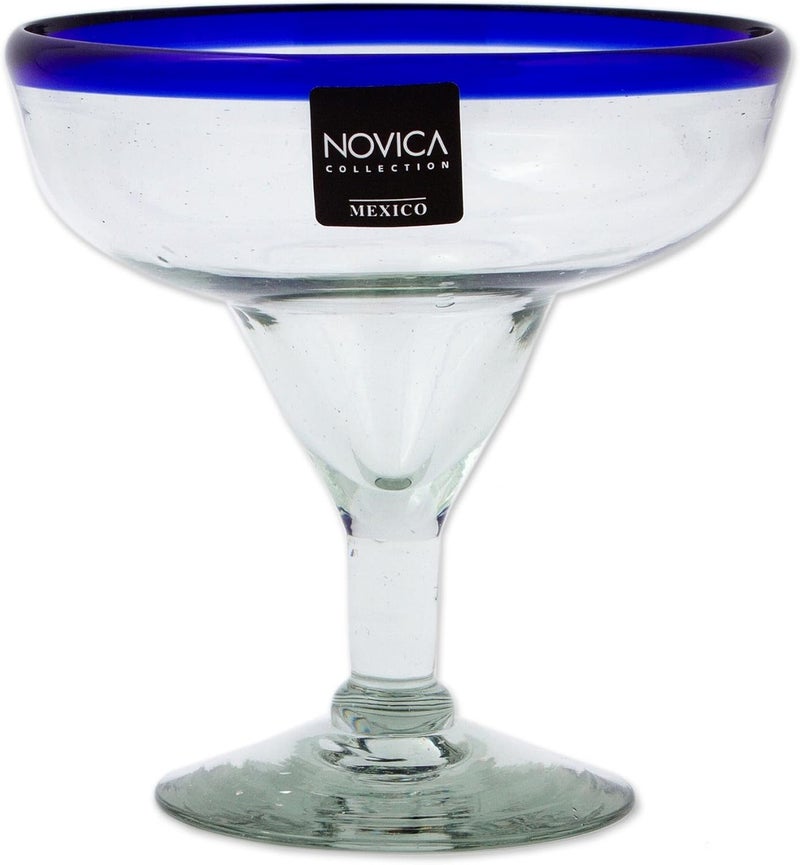 NOVICA Hand Blown Clear Blue Rim Recycled Glass Margarita Glasses, 8 Oz 'Happy Hour' Set of 4 - Image 1