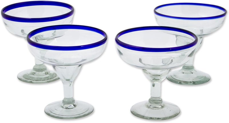 NOVICA Hand Blown Clear Blue Rim Recycled Glass Margarita Glasses, 8 Oz 'Happy Hour' Set of 4 - Image 2