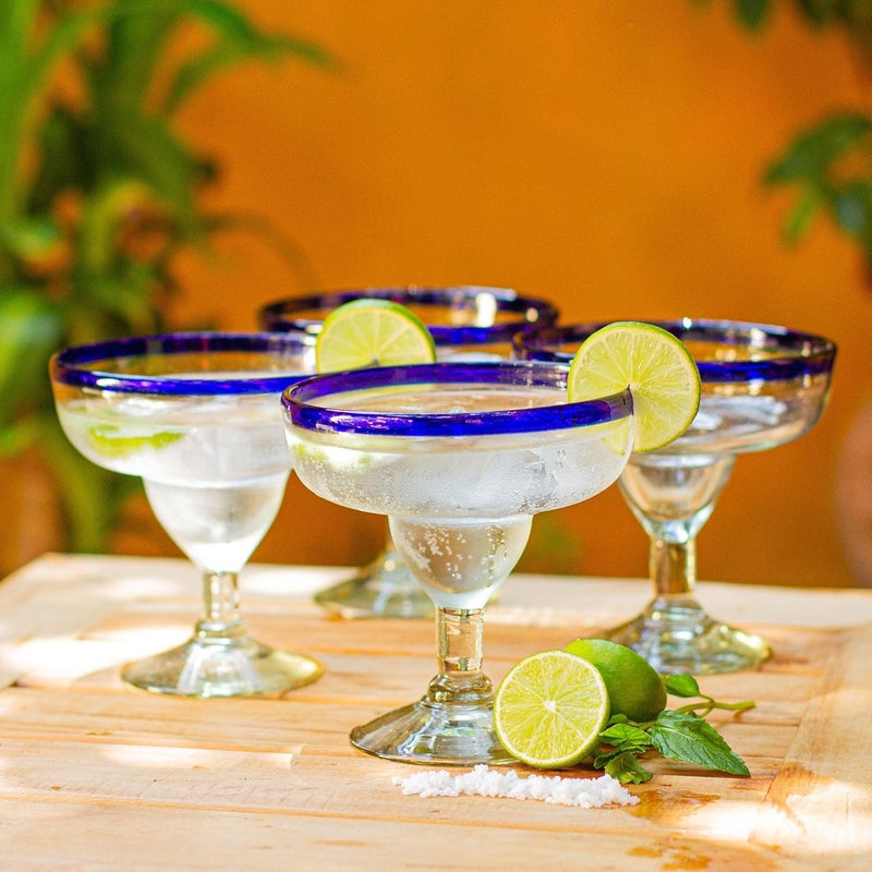 NOVICA Hand Blown Clear Blue Rim Recycled Glass Margarita Glasses, 8 Oz 'Happy Hour' Set of 4 - Image 3