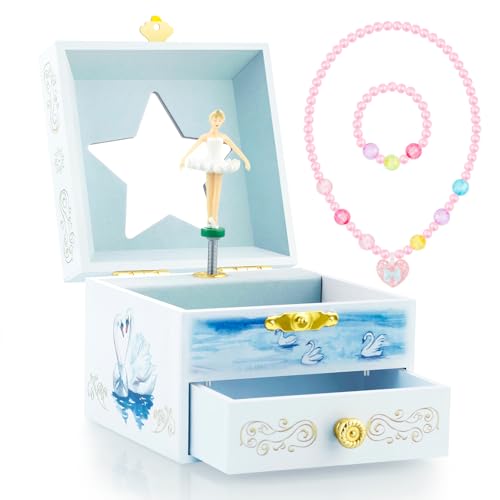 RR ROUND RICH DESIGN Kids Musical Jewelry Box with Drawer and Pretty Jewelry Set with Elegant Ballet Girl Theme - Swan Lake Tune White - Image 1