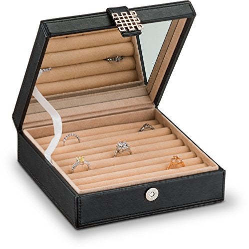 Glenor Co Ring Box Organizer - 54 Slot Classic Jewelry Display Case Holder - Storage Tray with Modern Buckle Closure, Large Mirror - for Rings and Cufflinks - Small for Travel - PU leather - Black - Image 1
