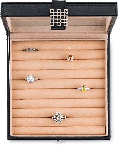 Glenor Co Ring Box Organizer - 54 Slot Classic Jewelry Display Case Holder - Storage Tray with Modern Buckle Closure, Large Mirror - for Rings and Cufflinks - Small for Travel - PU leather - Black - Image 3