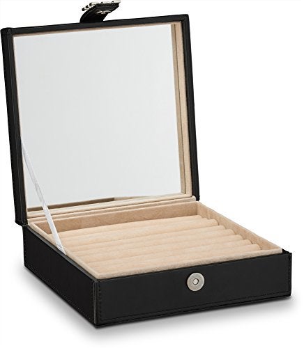 Glenor Co Ring Box Organizer - 54 Slot Classic Jewelry Display Case Holder - Storage Tray with Modern Buckle Closure, Large Mirror - for Rings and Cufflinks - Small for Travel - PU leather - Black - Image 5