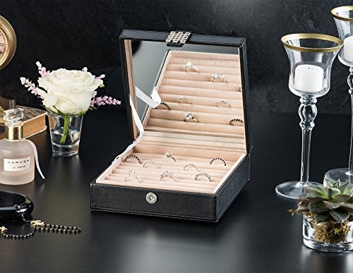 Glenor Co Ring Box Organizer - 54 Slot Classic Jewelry Display Case Holder - Storage Tray with Modern Buckle Closure, Large Mirror - for Rings and Cufflinks - Small for Travel - PU leather - Black - Image 2