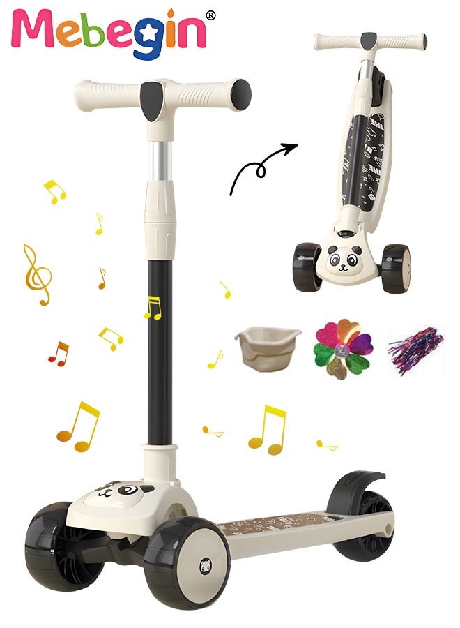 Foldable 3 Wheel Scooter with Windmill and Car Basket, Non-Slip Scooter with Light and Music, Kids Kick Scooter, Adjustable Height, Extra-wide Deck for Stability, No Installation Required - Image 1