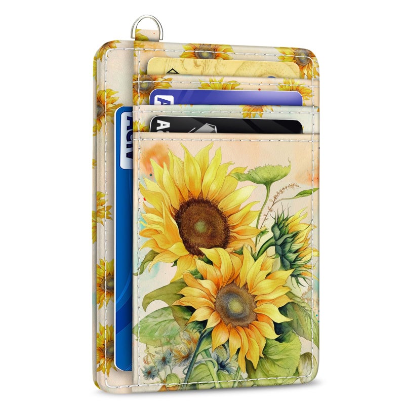 Yonlevres Credit Card Holder Slim Wallet, Sunflower RFID Wallet Women Front Pocket Small Card Holder, Travel Cute Funny Thin Card Case ID Window PU Leather RFID Blocking Card Organizer Gifts Girls - Image 1
