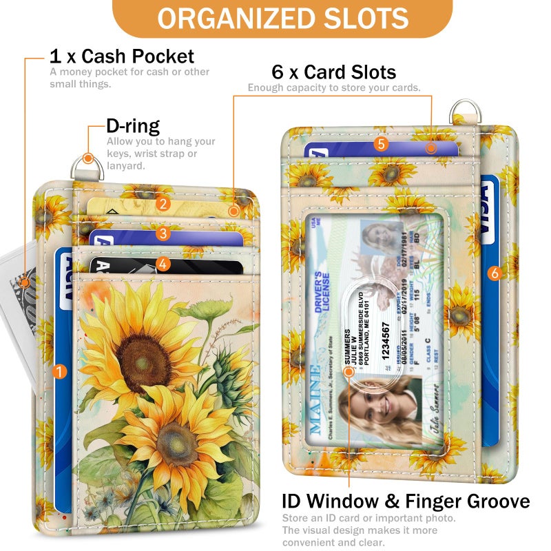 Yonlevres Credit Card Holder Slim Wallet, Sunflower RFID Wallet Women Front Pocket Small Card Holder, Travel Cute Funny Thin Card Case ID Window PU Leather RFID Blocking Card Organizer Gifts Girls - Image 4