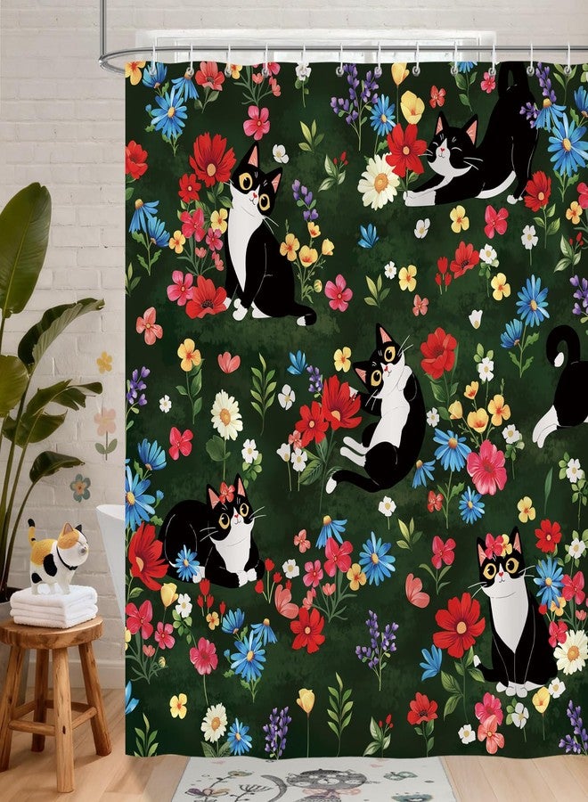 Bonhause Cute Cat Shower Curtain, Funny Kitten Flowers Animal Bathroom Decor for Cat Lovers Kids 72x72 Inch Polyester Fabric Waterproof Bath Curtain with 12 Hooks - Image 1