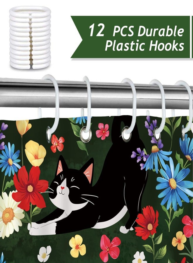 Bonhause Cute Cat Shower Curtain, Funny Kitten Flowers Animal Bathroom Decor for Cat Lovers Kids 72x72 Inch Polyester Fabric Waterproof Bath Curtain with 12 Hooks - Image 3