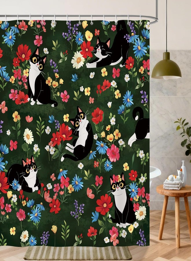 Bonhause Cute Cat Shower Curtain, Funny Kitten Flowers Animal Bathroom Decor for Cat Lovers Kids 72x72 Inch Polyester Fabric Waterproof Bath Curtain with 12 Hooks - Image 2