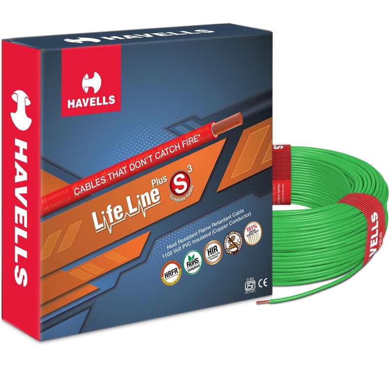 Havells LifeLine+ S3 | 0.75 sq.mm Copper Wire (90m-Green)| Class 2 Conductor (100% Copper), Heat Resistant & Flame Retardant - Ideal for Domestic & Industrial Use (WHFFDNGA1X75) - Image 1