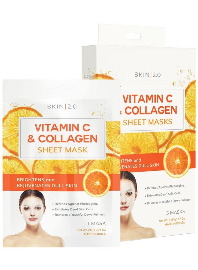 Vitamin C And Collagen Sheet Face Mask Prevents Sun Damage Reduces Acne Acne Scars & Wrinkles Brightening Sheet Mask Cruelty Free Korean Skin Care For All Skin Types 5 Masks