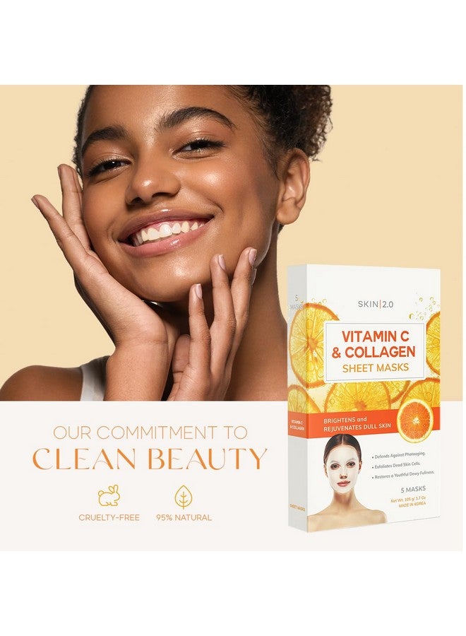 Vitamin C And Collagen Sheet Face Mask Prevents Sun Damage Reduces Acne Acne Scars & Wrinkles Brightening Sheet Mask Cruelty Free Korean Skin Care For All Skin Types 5 Masks