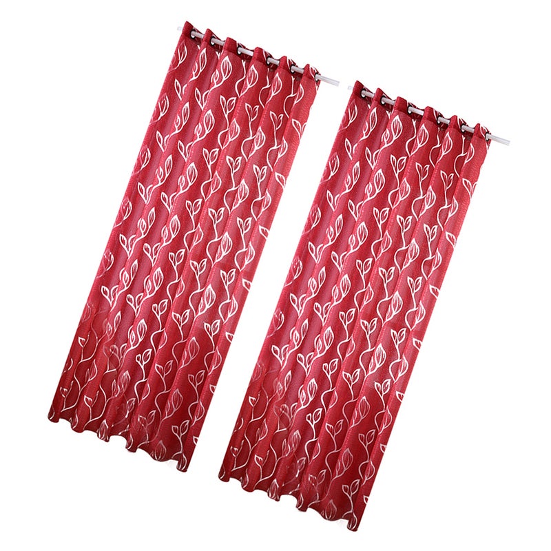 2Pcs Leaf Printed Curtain Fashion Single Side Window Screening Window Gauze (Red, 100x250cm) - Image 1