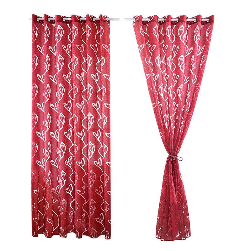 2Pcs Leaf Printed Curtain Fashion Single Side Window Screening Window Gauze (Red, 100x250cm) - Image 4