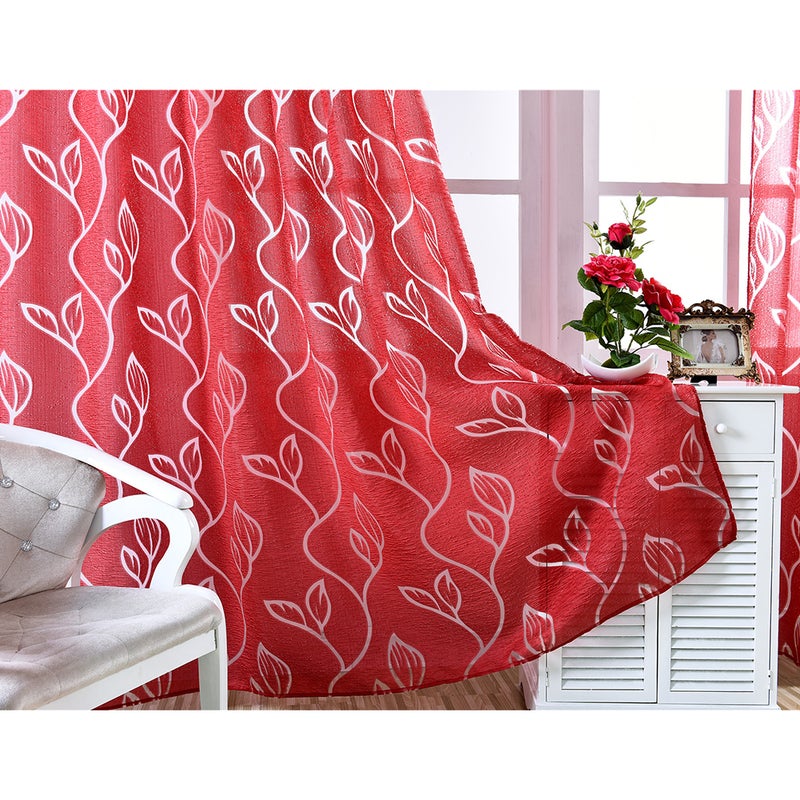 2Pcs Leaf Printed Curtain Fashion Single Side Window Screening Window Gauze (Red, 100x250cm) - Image 3