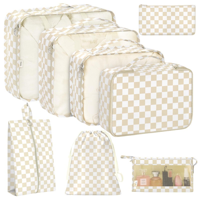 KPX 8 Set Packing Cubes for Travel Luggage Packing Organizers Accessories Large Toiletries Bag for Clothes Shoes Cosmetics Khaki Checkered - Image 2