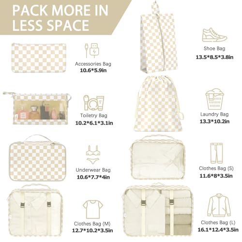 KPX 8 Set Packing Cubes for Travel Luggage Packing Organizers Accessories Large Toiletries Bag for Clothes Shoes Cosmetics Khaki Checkered - Image 3