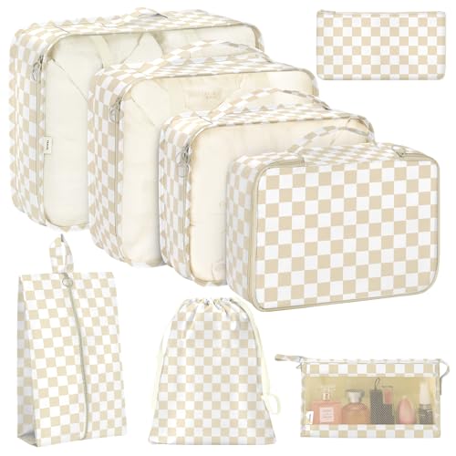 KPX 8 Set Packing Cubes for Travel Luggage Packing Organizers Accessories Large Toiletries Bag for Clothes Shoes Cosmetics Khaki Checkered - Image 1