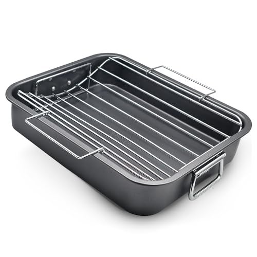 CULINARIN Roasting Pan With Rack 11" x 15" - Non Stick Large Roaster Pan and V-rack with foldable handles - Roasting Pans for Ovens to Elevate Food for Even Heating - Dishwasher Safe Turkey Roast Pot - Image 1