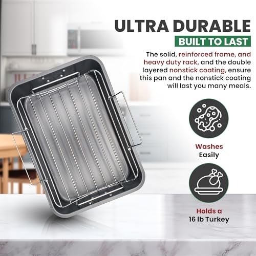 CULINARIN Roasting Pan With Rack 11" x 15" - Non Stick Large Roaster Pan and V-rack with foldable handles - Roasting Pans for Ovens to Elevate Food for Even Heating - Dishwasher Safe Turkey Roast Pot - Image 5