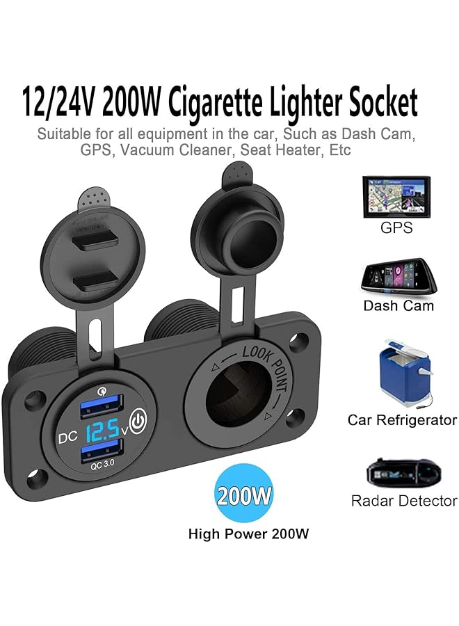 SYOSI Qc 3.0 Car Usb For Charger, Socket Cigarette Lighter Socket 12V/24V Power Outlet With Led Digital Voltmeter And Touch Switch For Car Boat Marine(Black) - Image 2