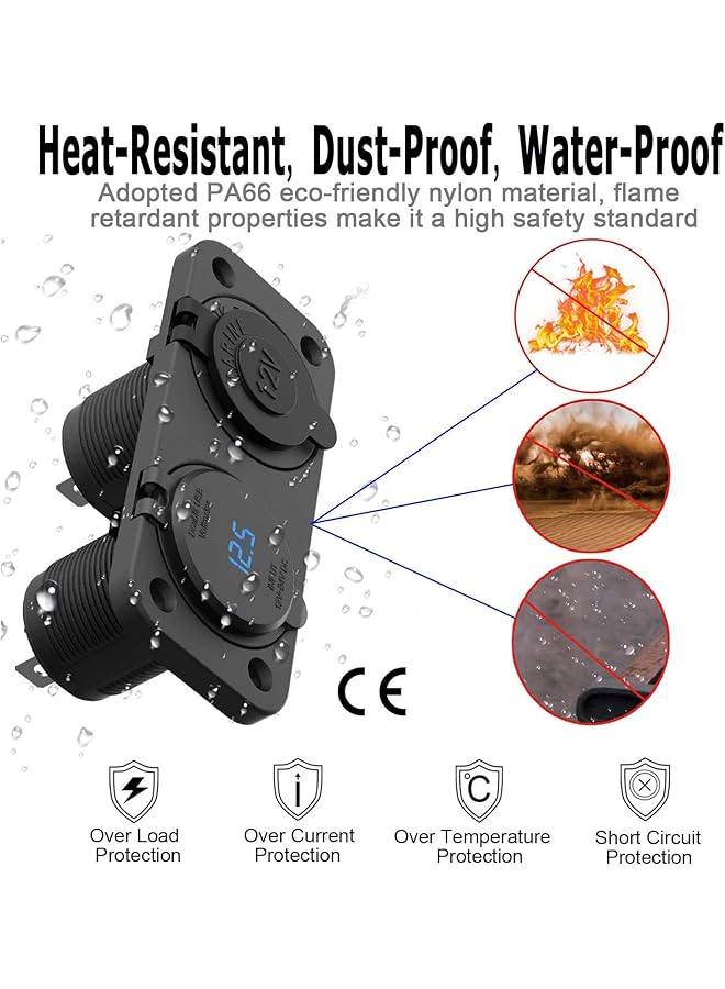 SYOSI Qc 3.0 Car Usb For Charger, Socket Cigarette Lighter Socket 12V/24V Power Outlet With Led Digital Voltmeter And Touch Switch For Car Boat Marine(Black) - Image 3