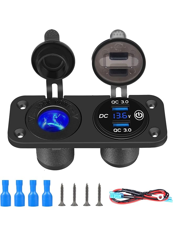 SYOSI Qc 3.0 Car Usb For Charger, Socket Cigarette Lighter Socket 12V/24V Power Outlet With Led Digital Voltmeter And Touch Switch For Car Boat Marine(Black) - Image 1