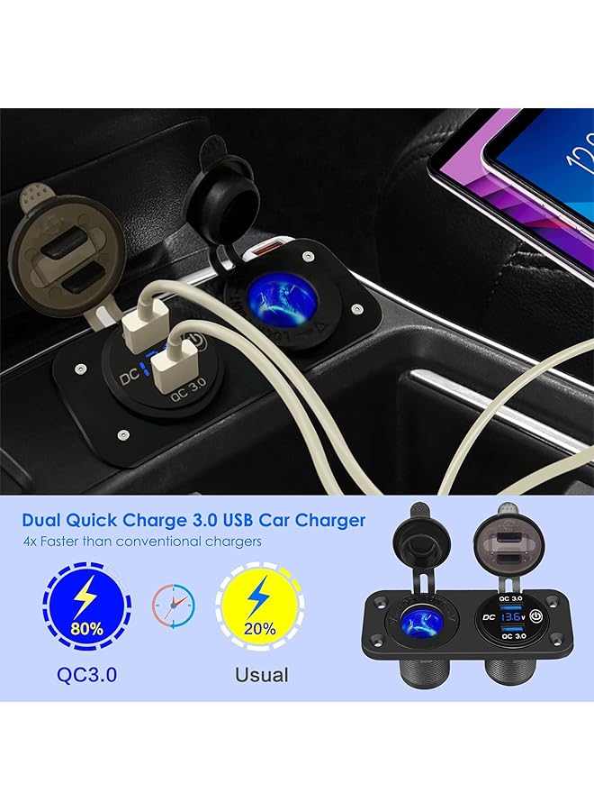 SYOSI Qc 3.0 Car Usb For Charger, Socket Cigarette Lighter Socket 12V/24V Power Outlet With Led Digital Voltmeter And Touch Switch For Car Boat Marine(Black) - Image 5