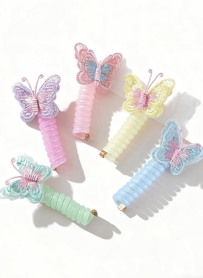 Happy D Butterfly Telephone Cord Hair Ties, Colorful Telephone Cord Hair Ties, Spiral Hair Ropes, Children's Hair Accessories, Girls' Hair Accessories, Suitable for Various Outfits (Set of 5 - Green, Pink, Blue, Yellow, Purple) - Image 2