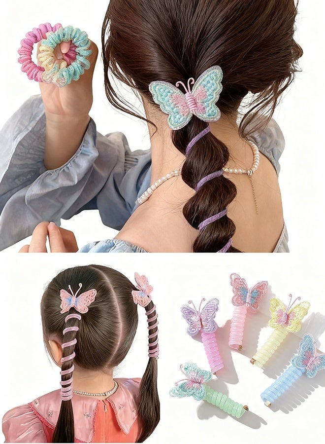 Happy D Butterfly Telephone Cord Hair Ties, Colorful Telephone Cord Hair Ties, Spiral Hair Ropes, Children's Hair Accessories, Girls' Hair Accessories, Suitable for Various Outfits (Set of 5 - Green, Pink, Blue, Yellow, Purple) - Image 1