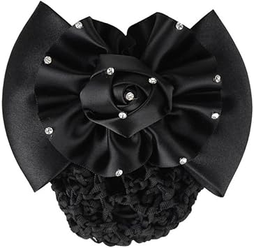 UPSTORE 1Pcs Hair Bun Clip Cover Net Snood Hair Barrette Rhinestone Satin Bow Bowknot Snood Net Hair Clip Hairnet Hair Accessories for Hotel Waitress Air Hostess Nurse Black - Image 1