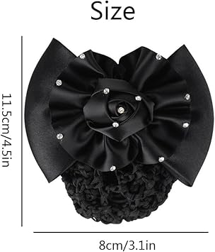 UPSTORE 1Pcs Hair Bun Clip Cover Net Snood Hair Barrette Rhinestone Satin Bow Bowknot Snood Net Hair Clip Hairnet Hair Accessories for Hotel Waitress Air Hostess Nurse Black - Image 2