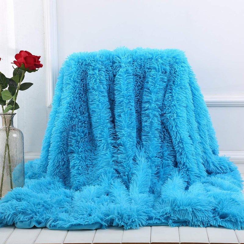 MYRU Plush Super Soft Blanket Bedding Sofa Cover Furry Fuzzy Fur Warm Throw Qulit Cozy Couch Blanket for Winter (51""x63""  Sky Blue) - Image 1